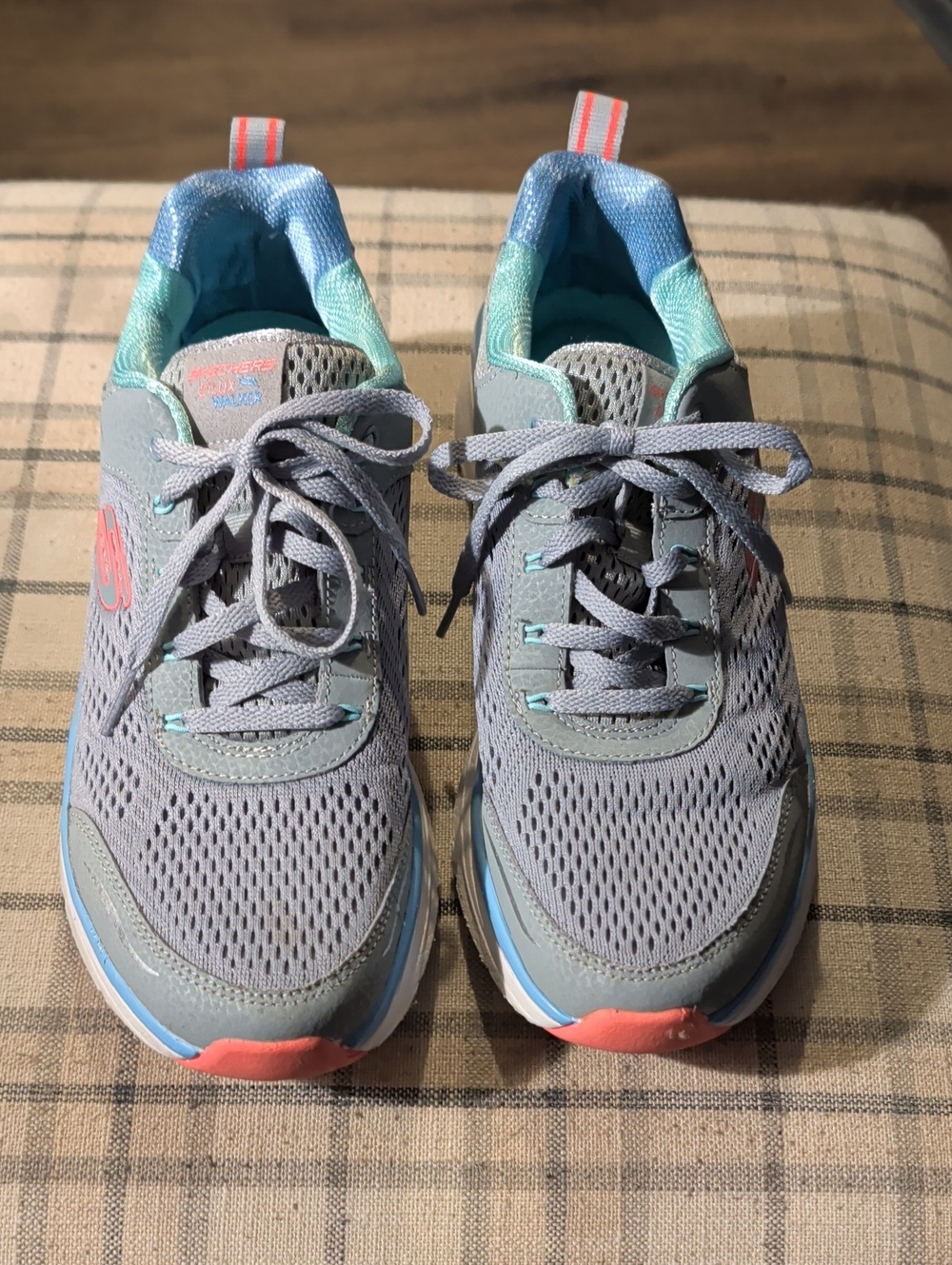 Skechers Women’s Gray Athletic Sneakers with Coral and Aqua Accents